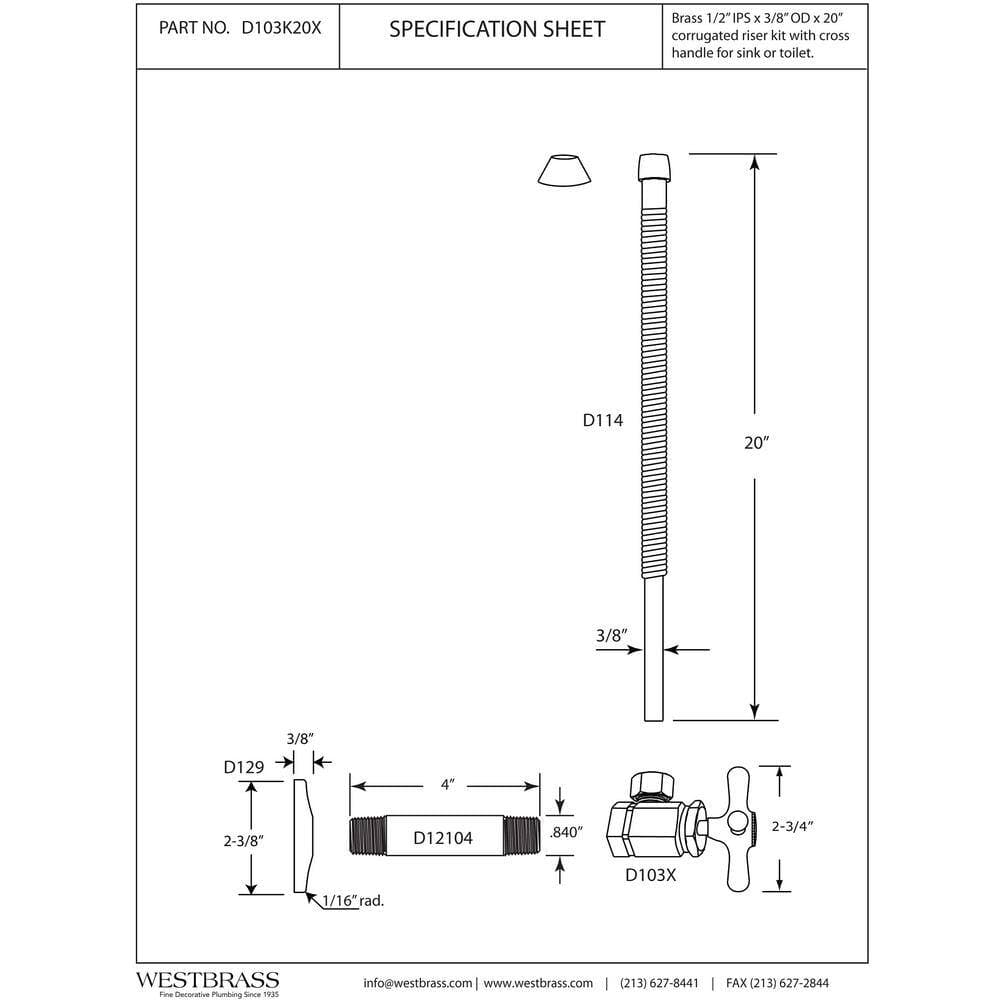 Westbrass 1/2 in. IPS 3/8 in.OD Corrugated Supply Line Kit with Cross Handle Angle Shut Off Valve (2)