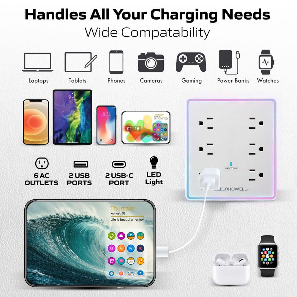 Bell + Howell LED Outlet Extender Station 6 Outlets, 2 USB, and 2 USB-C Ports Charging Extension with Night Light (3)