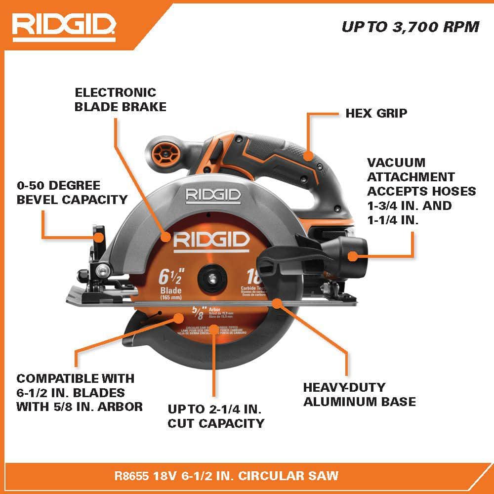 RIDGID 18V Cordless 6-1/2-in. Circular Saw Kit with 4.0 Ah Battery and Charger (3)