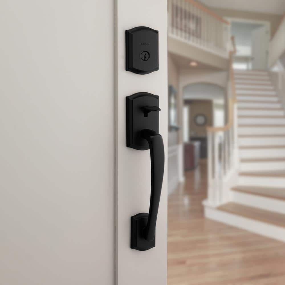 Kwikset Prescott Single Cylinder Door Handleset with Sedona Door Handle featuring SmartKey Security in Matte Black (2)