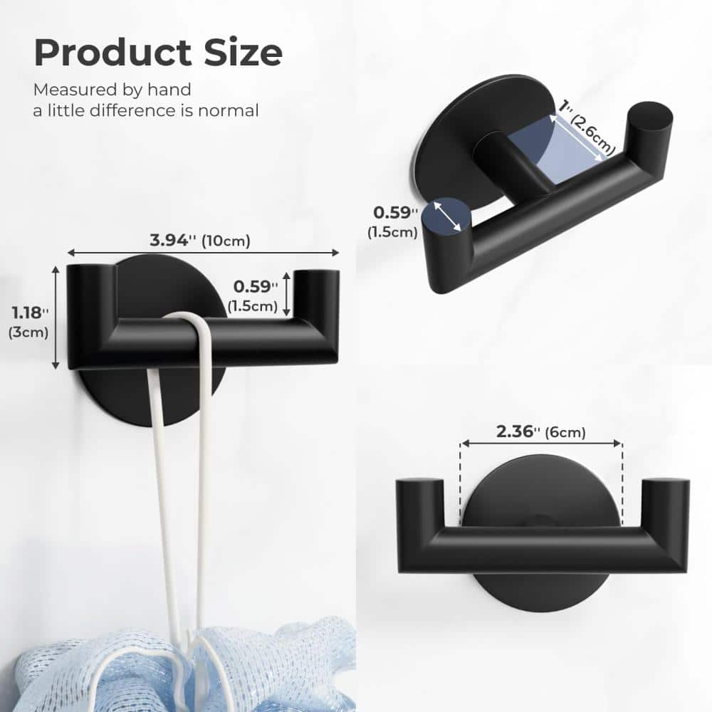 Unbranded 2-Pack Black Self-Adhesive Bathroom Hooks for Towels, Matte Finish, Double Hooks No-Drilling for Robes (3)