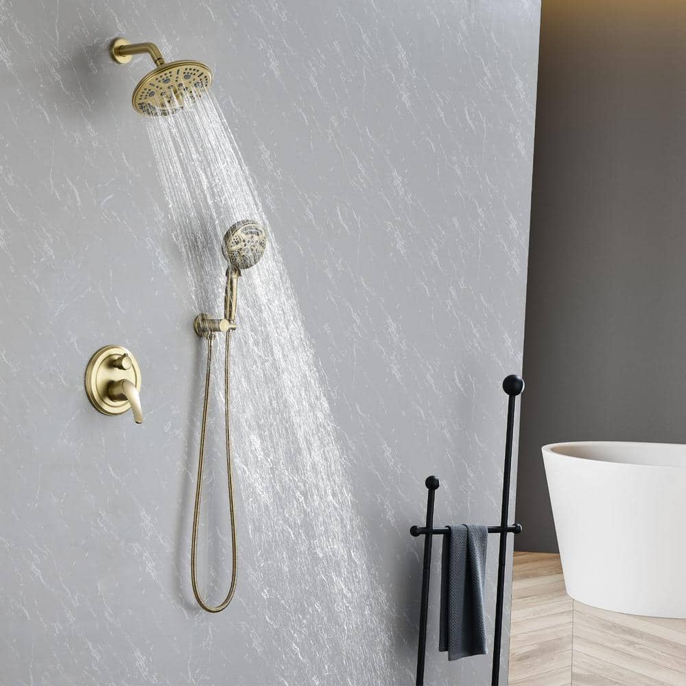 FLG Wall Mount Single-Handle 9-Spray Round Brass Shower Faucet with 8 in. Shower Head in Brushed Gold (Valve Included) (2)