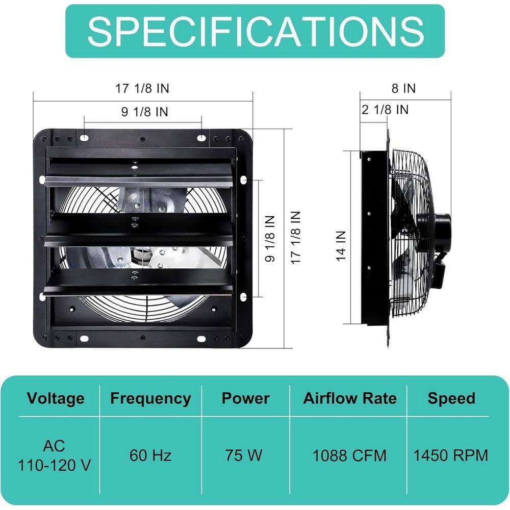 KIWDZFU 14 in. Wall Mount Shutter Exhaust Fan, 1088 CFM, Black, for Greenhouse, Garage, Barn Ventilation (2)