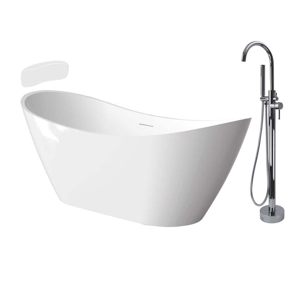 Transolid Skylar 59 in. x 30.75 in. Soaking Bathtub with Center Drain in Gloss White/Polished Chrome with Faucet and Pillow