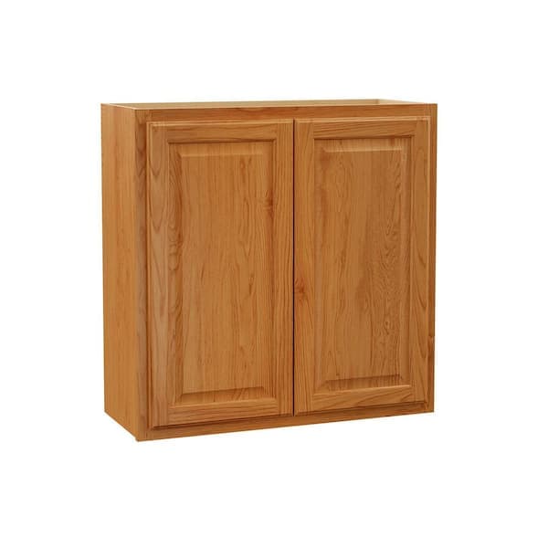 Hampton Bay Hampton 30 in. W x 12 in. D x 30 in. H Assembled Wall Kitchen Cabinet in Medium Oak (2)