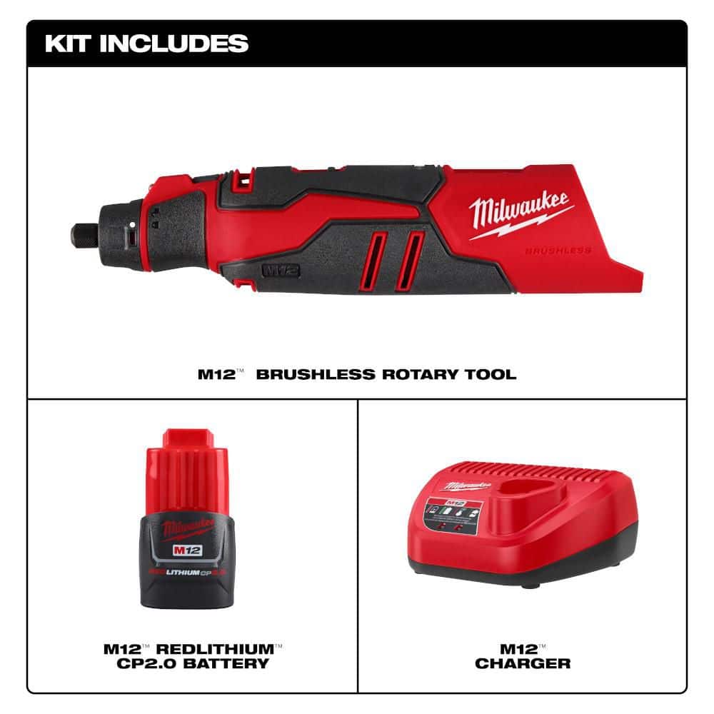 Milwaukee M12 12V Lithium-Ion Cordless Brushless Rotary Tool with 2. 0Ah Battery and Charger Starter Kit (2)