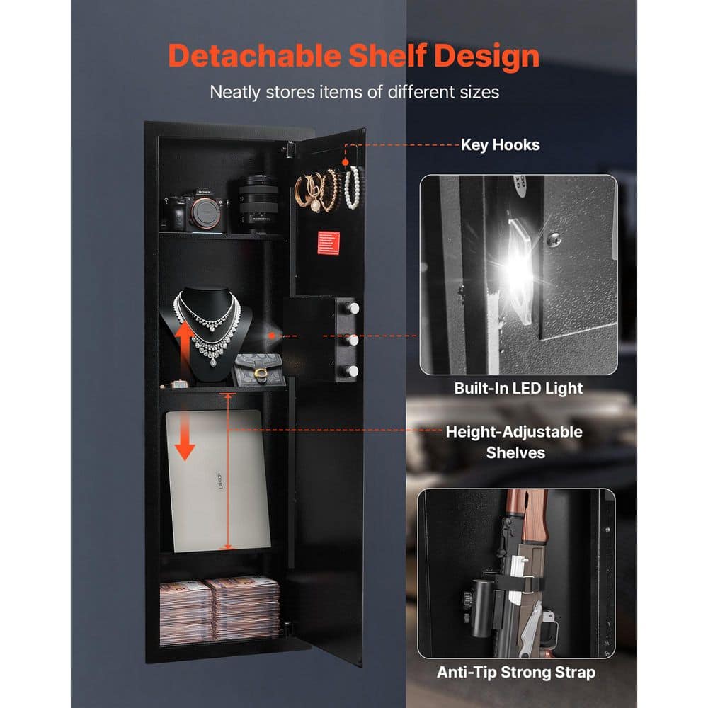 SKYSHALO 4-Tier Wall Safe, Q235 Steel In-Wall Hidden Safe with Password and Key, LED Light, 3 Adjustable Shelves and Key Holders (3)