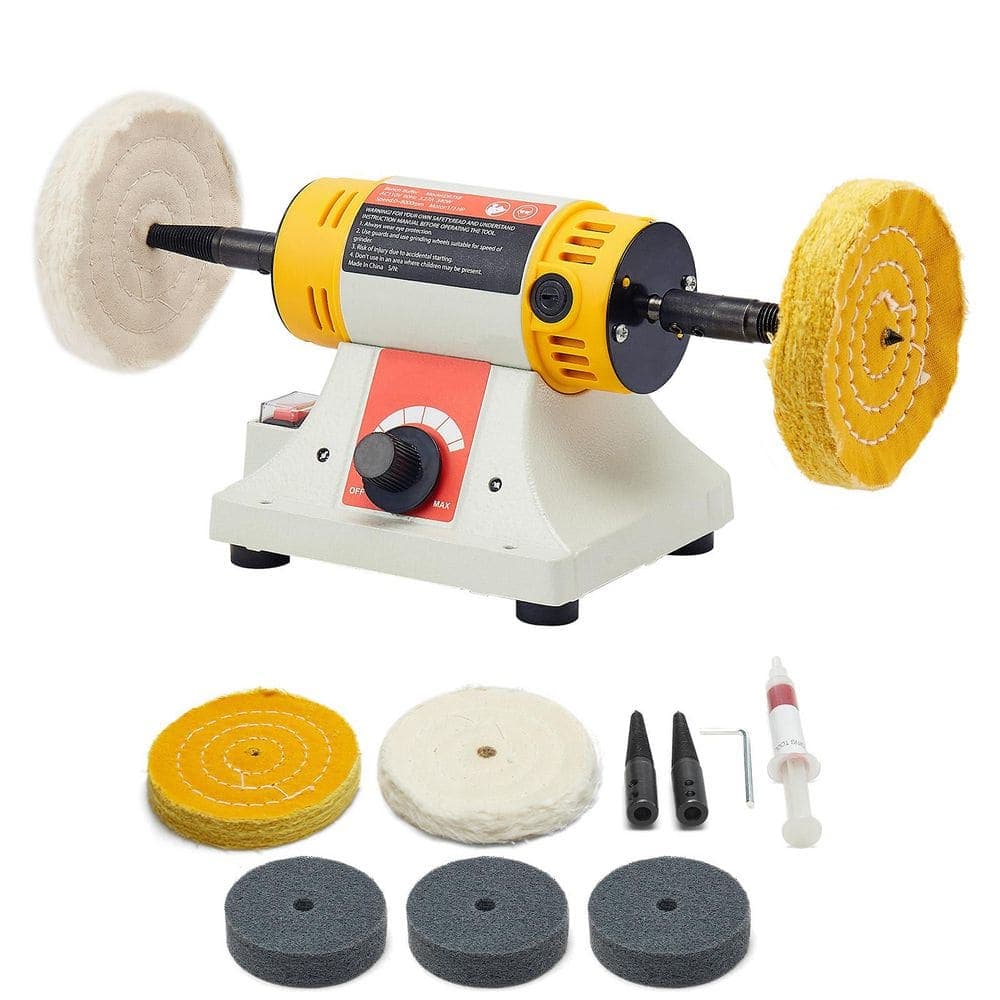 SKYSHALO Bench Buffer Polisher, 1/2HP, 0-8000RPM, w/2-Pieces 4 in. Cotton Wheel, 3-Pieces 3 in. Abrasive Fiber Wheels, for Metal (1)