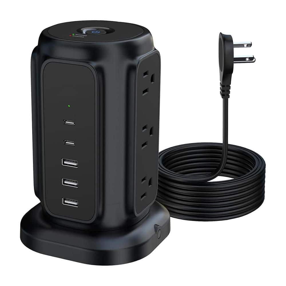 Lukyamzn 9-Outlet Power Strip Tower Surge Protector with 6.5 ft. Flat Plug Extension Cord, 3 USB-A & 2 USB-C Ports, Black (1)
