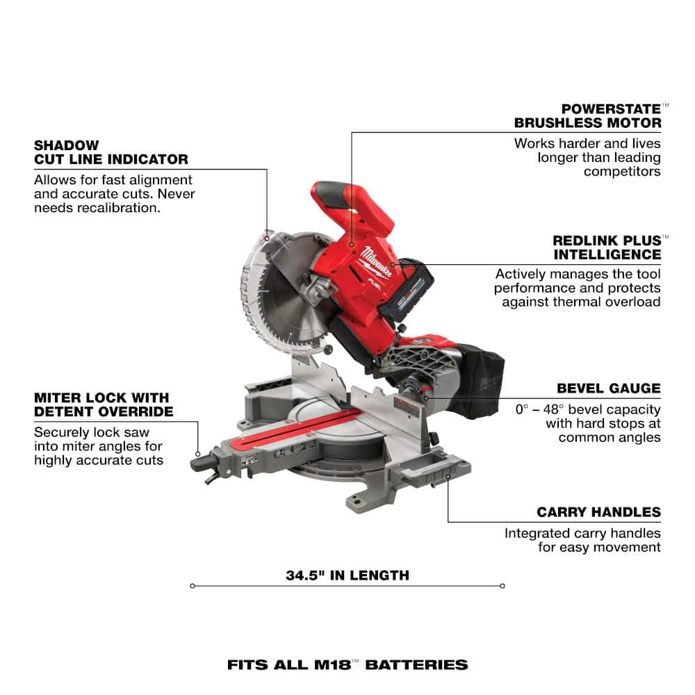 Milwaukee M18 FUEL 18V 10 in. Lithium-Ion Brushless Cordless Dual Bevel Sliding Compound Miter Saw Kit & M18 FUEL 18GA Brad Nailer (3)