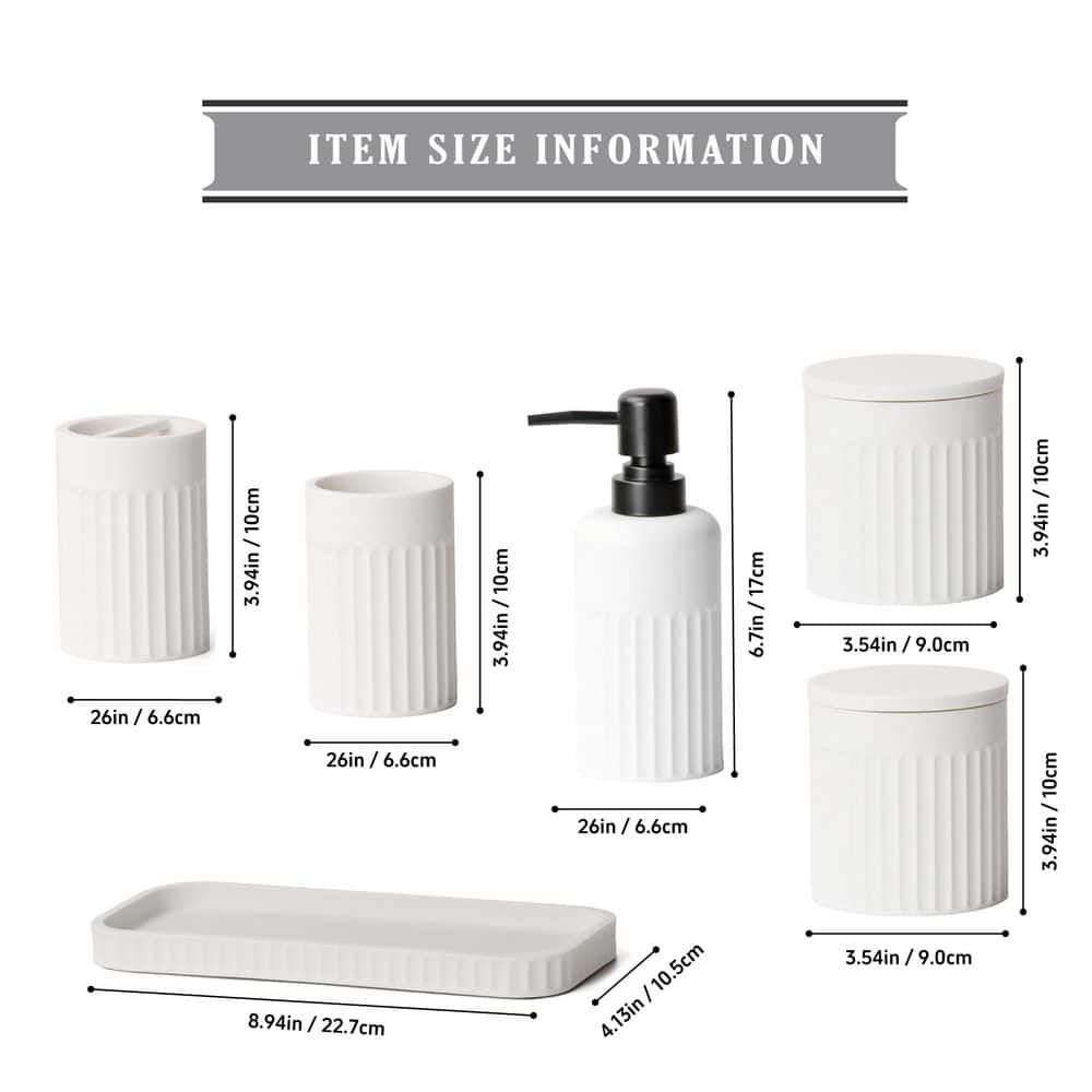 Wudkey 6-Piece Bathroom Accessory Set with Soap Dispenser, Toothbrush Holder, Tumbler, Vanity Tray and 2 Qtip Holders in White (2)