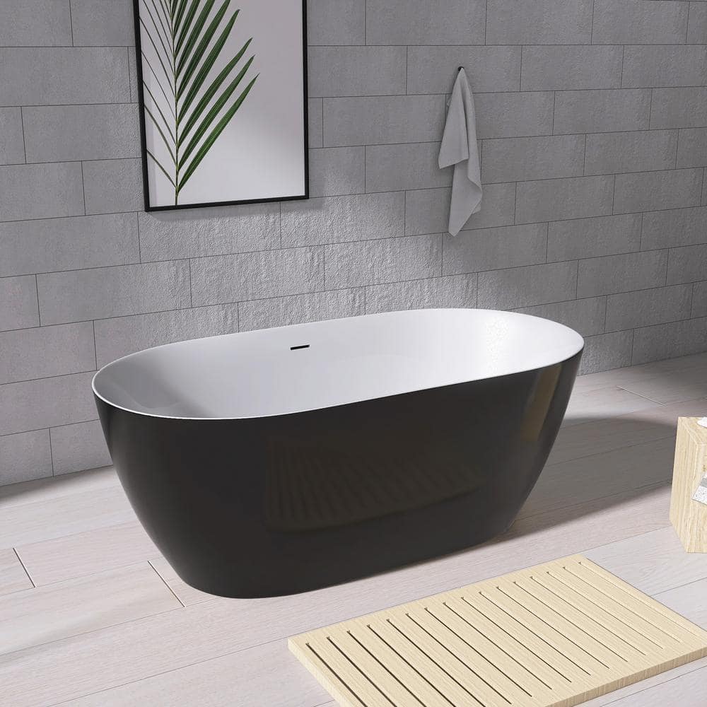 NTQ 59 in. x 30 in. Oval Free Standing Tub Freestanding Soaking Bathtub Central Drain Alone Soaker Tub Glossy Black (2)