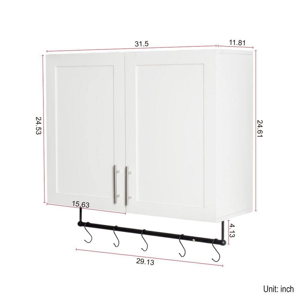 Siavonce 12 in. W x 32 in. D x 30 in. H Bathroom Wall Mount Linen Cabinet with Adjustable Shelves, Towel Bar and 5 Hooks, White (3)