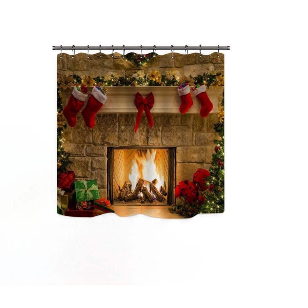 Numhew Christmas 70.8 in. W x 70.8 in. L Polyester Shower Curtain in Multi Color, Blackout Waterproof, 12 Hooks, Bath Mat Set