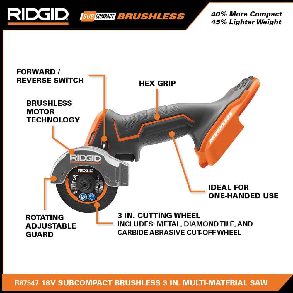 RIDGID 18V SubCompact Brushless Cordless 3 in. Multi-Material Saw Kit with (6) Cutting Wheels, 2.0 Ah Battery, and 18V Charger (3)