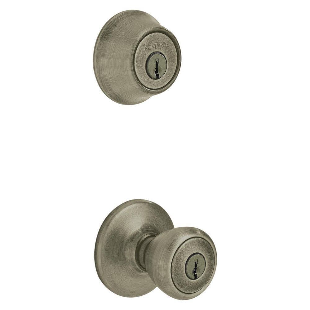 Kwikset Tylo Antique Brass Entry Door Knob and Single Cylinder Deadbolt Combo Pack with Microban Antimicrobial Technology (1)