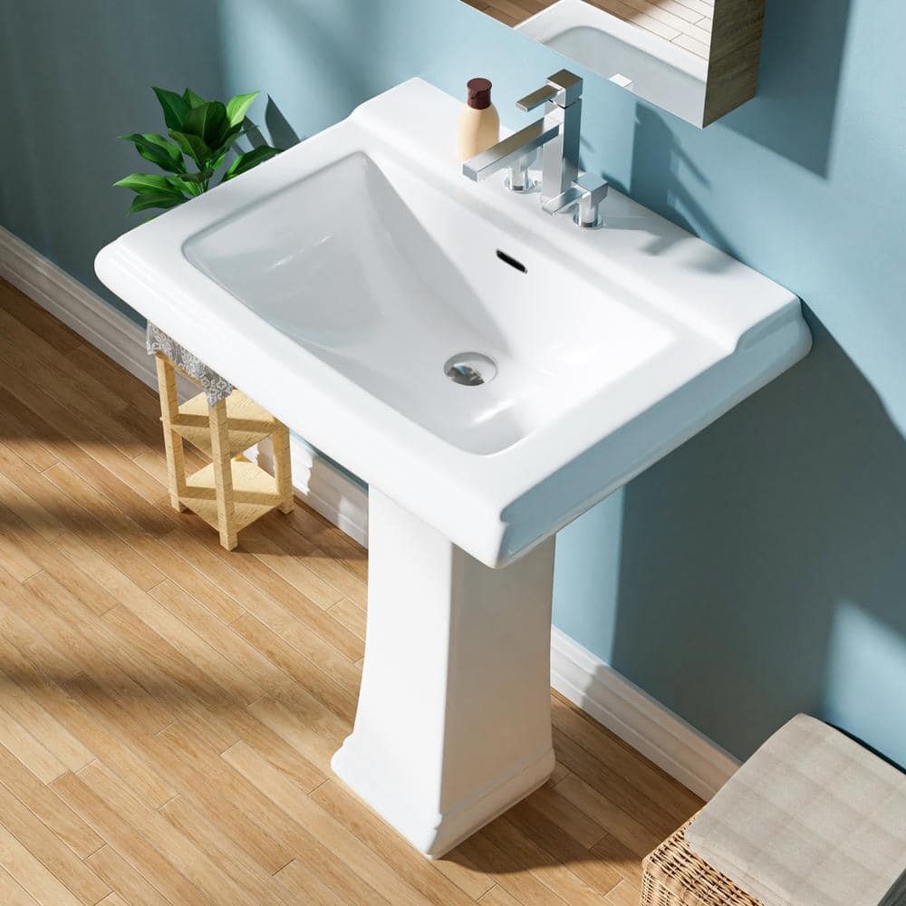 Aguamaph 26 in. Pedestal Combo Bathroom Sink White Vitreous China Rectangular Pedestal Sink for Bathroom Combo Sink with Overflow
