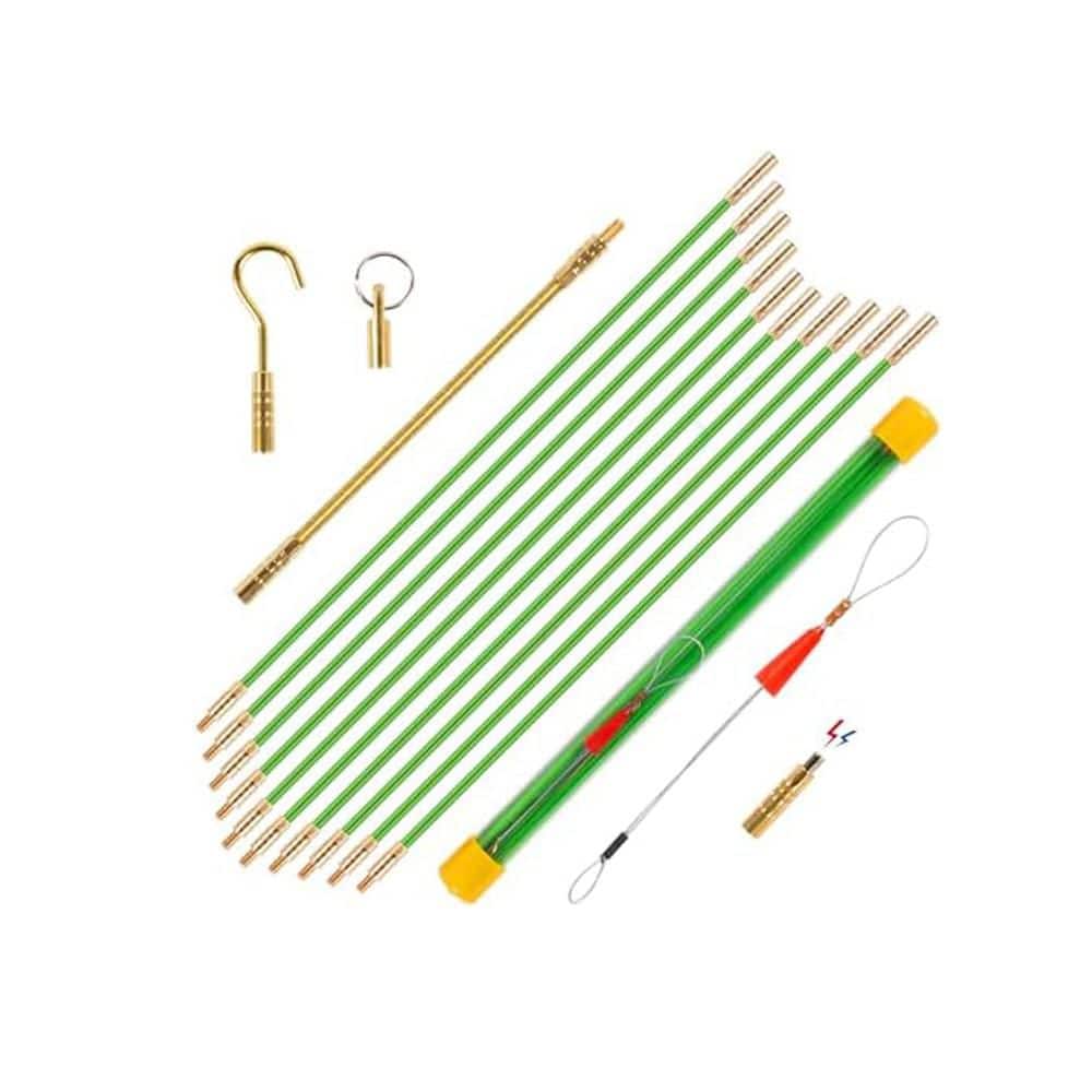Yichuhaoxi Fiberglass Electrical Wire Fishing Tool 14 ft. with Bright Green Fish Tape Rods, 5 Attachments, and Carrying Case (1)