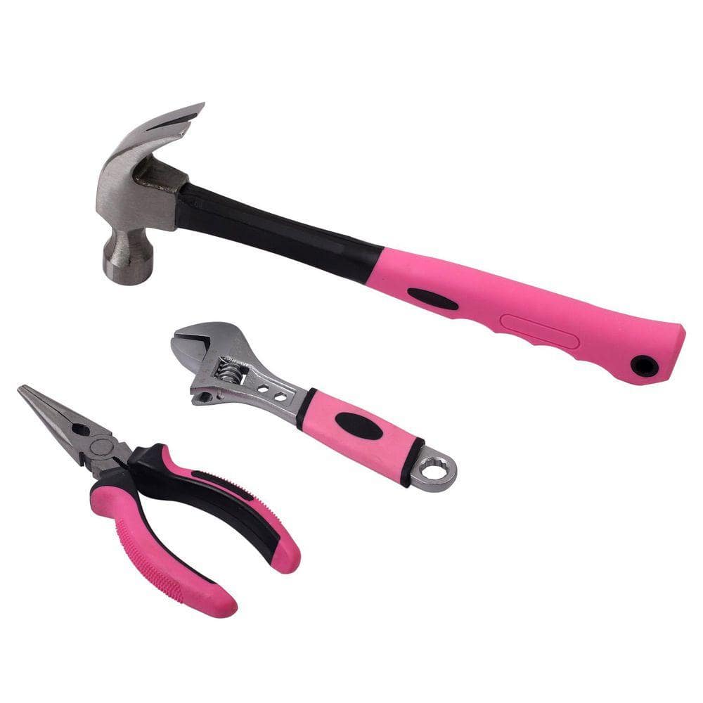 KING Pink Do-It-Yourself Tool Set, Clam Hammer, Long Nose Pliers, and Stubby Wrench (3-Piece Set) (2)