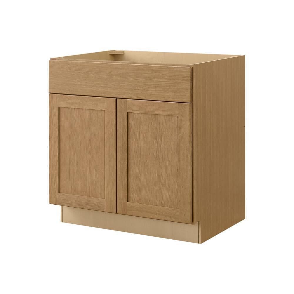 Hampton Bay Avondale 33 in. W x 24 in. D x 34.5 in. H Ready to Assemble Plywood Shaker Sink Base Kitchen Cabinet in White Oak