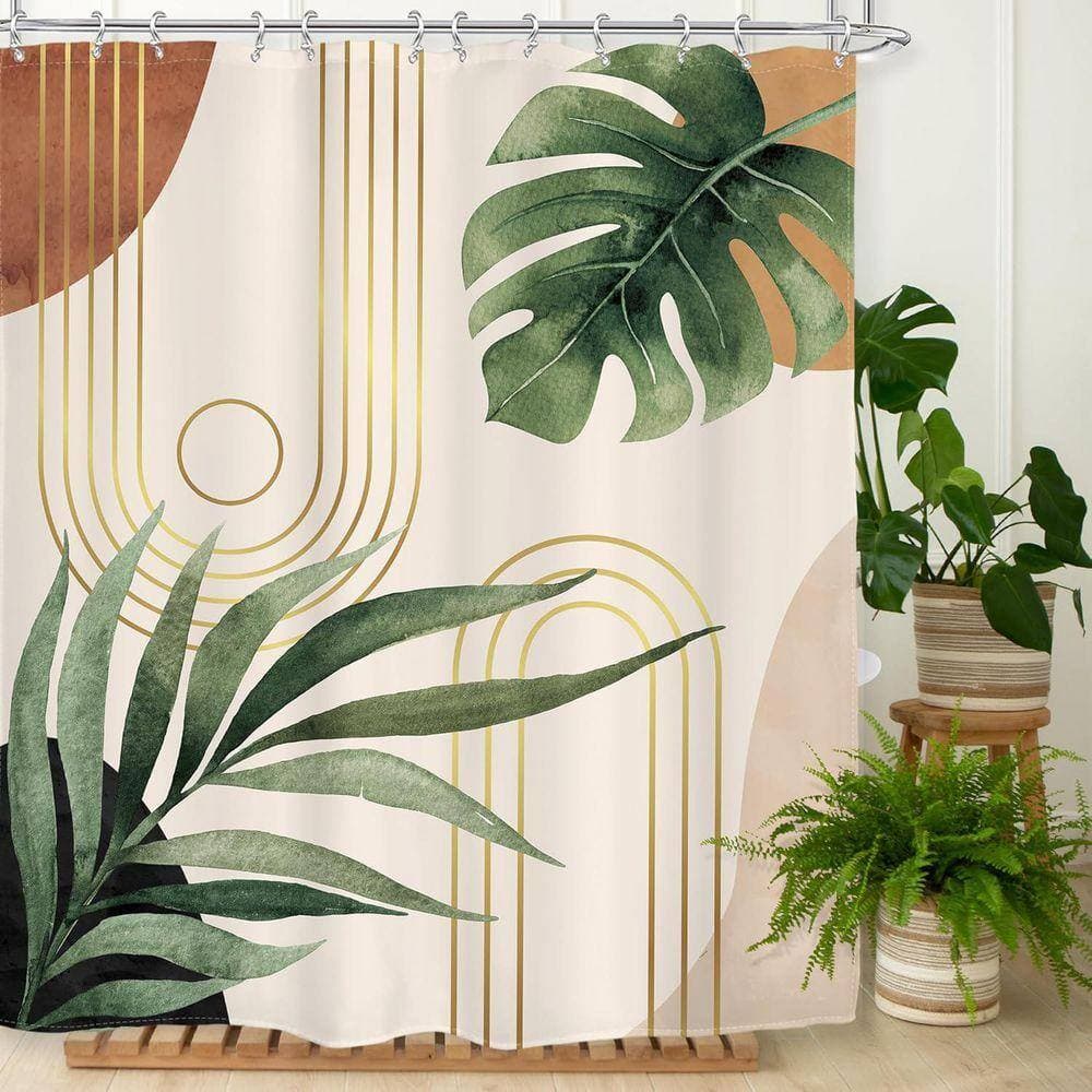 JFVKAF Boho Sage Green Shower Curtain 60 x 72 in. Abstract Mid Century Botanical Palm Leaf Decor Waterproof Set Polyester (3)