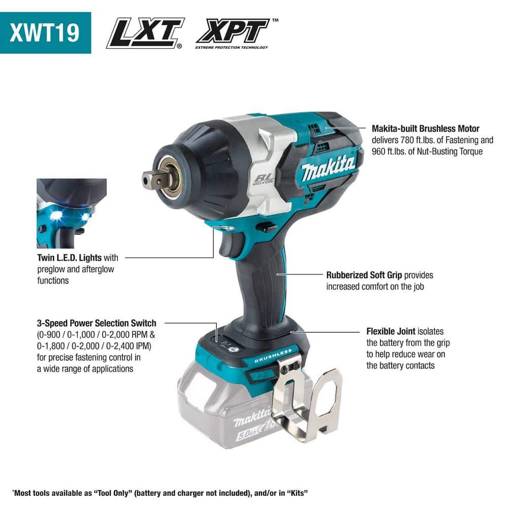 Makita 18-Volt LXT Lithium-Ion Brushless Cordless 3-Speed 1/2 in. Impact Wrench Kit w/Detent Anvil, 5.0Ah (2)