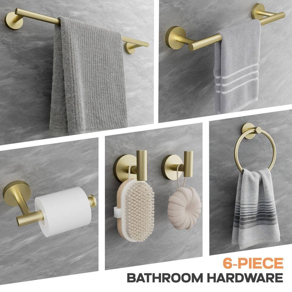 Peorsily 6-Piece Bath Hardware Set with Towel Bar Hand Towel Holder Toilet Paper Holder Towel Hook Modern in Brushed Gold (3)
