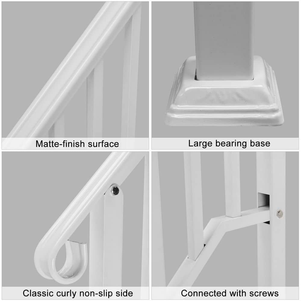NVNOO 2-3 Step White Wrought Iron Handrail Kit for Outdoor Steps Concrete Steps and Wooden Stairs (1-Pack) (2)