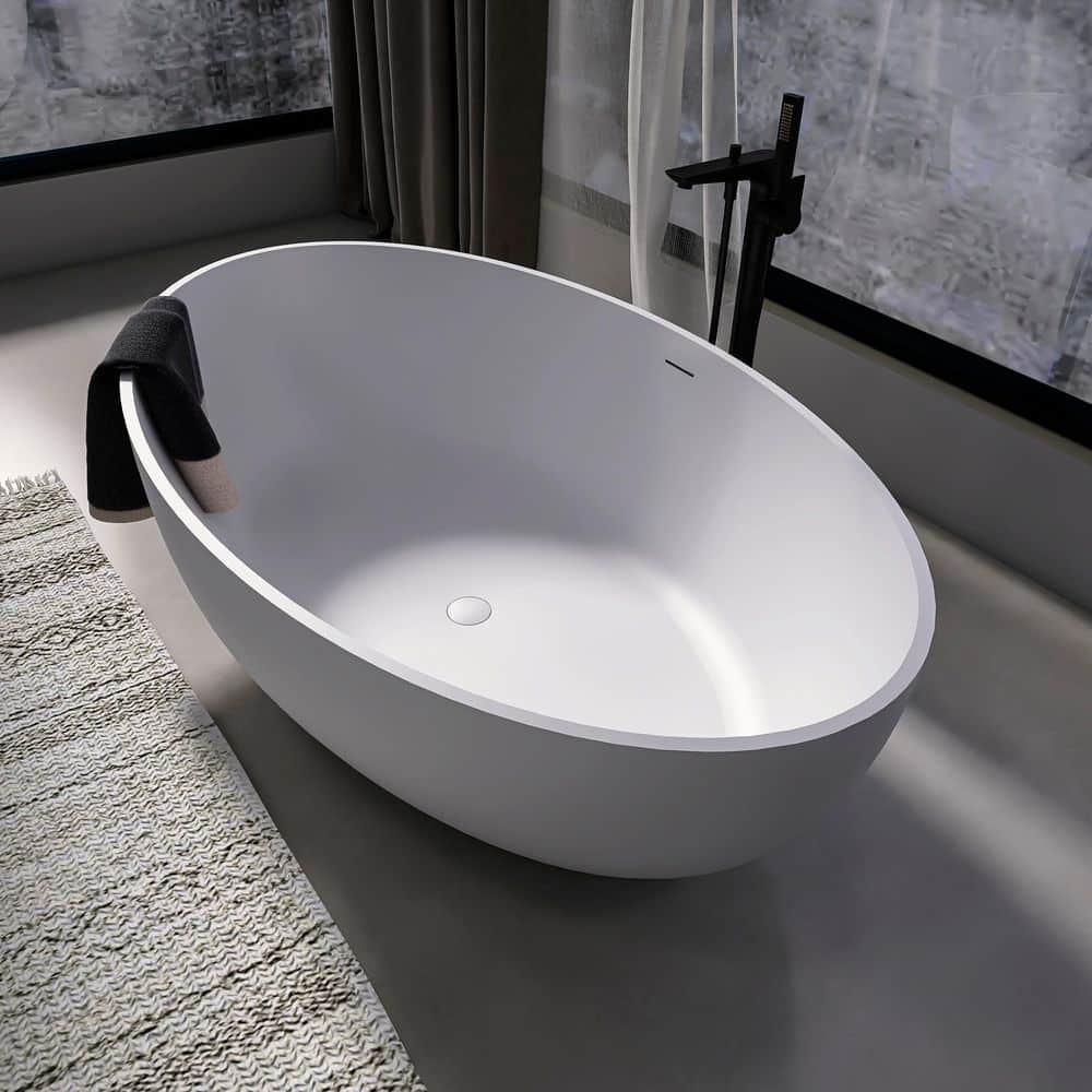 AVAXA 67 in. x 40 in. Stone Resin Flatbottom Solid Surface Freestanding Double Slipper Soaking Bathtub in Matte White (3)