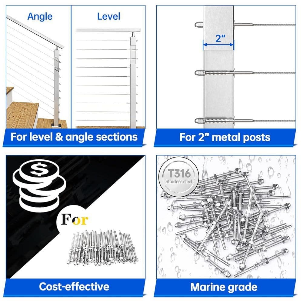 Afoxsos 1/8 in. Stainless Steel Hand Swage Threaded Stud Tensioner Kit for 2 x 2-Post Cable for Cable Railing System, 100-Pack (3)