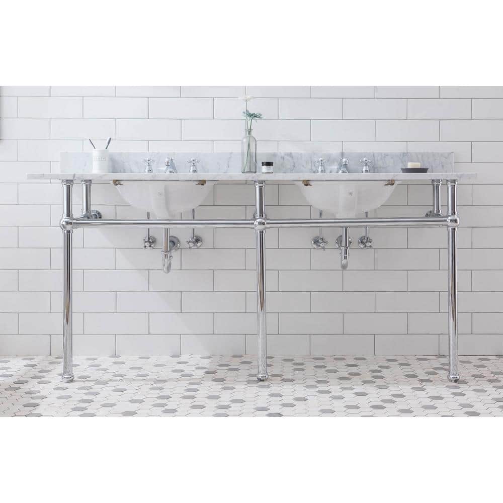 Water Creation Embassy 72 in. Double Sink Carrara White Marble Countertop Washstand in Chrome with P-Trap (1)
