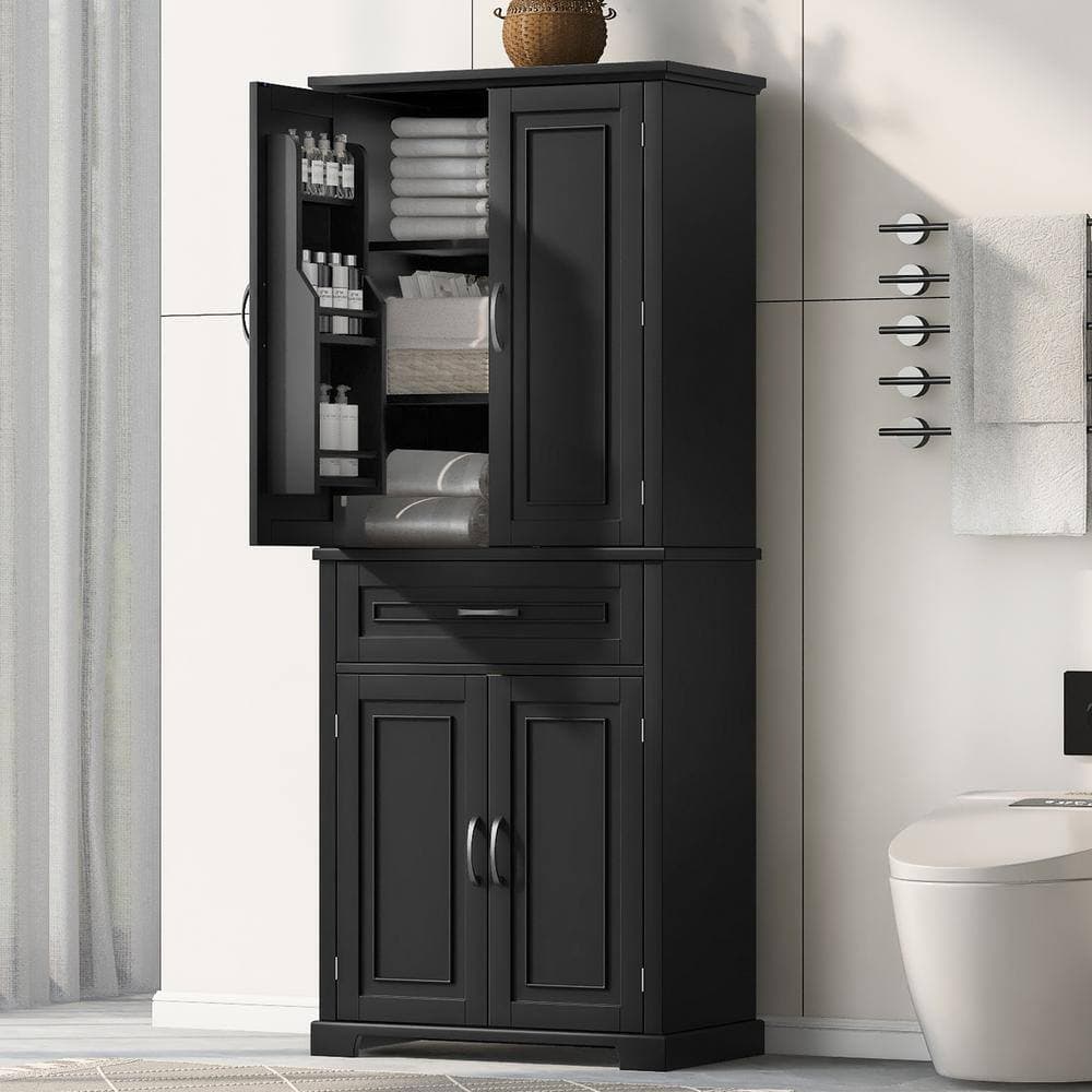 Siavonce 15.70 in. W x 29.90 in. D x 72.20 in. H Black Wood Linen Cabinet with Doors and Drawer, Bathroom Storage Cabinet (2)
