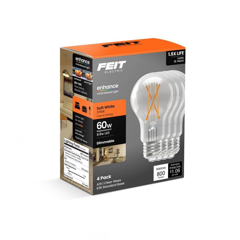 Feit Electric 60-Watt Equivalent A19 Dimmable Clear Glass Filament LED Light Bulb Soft White (4-Pack) (4)