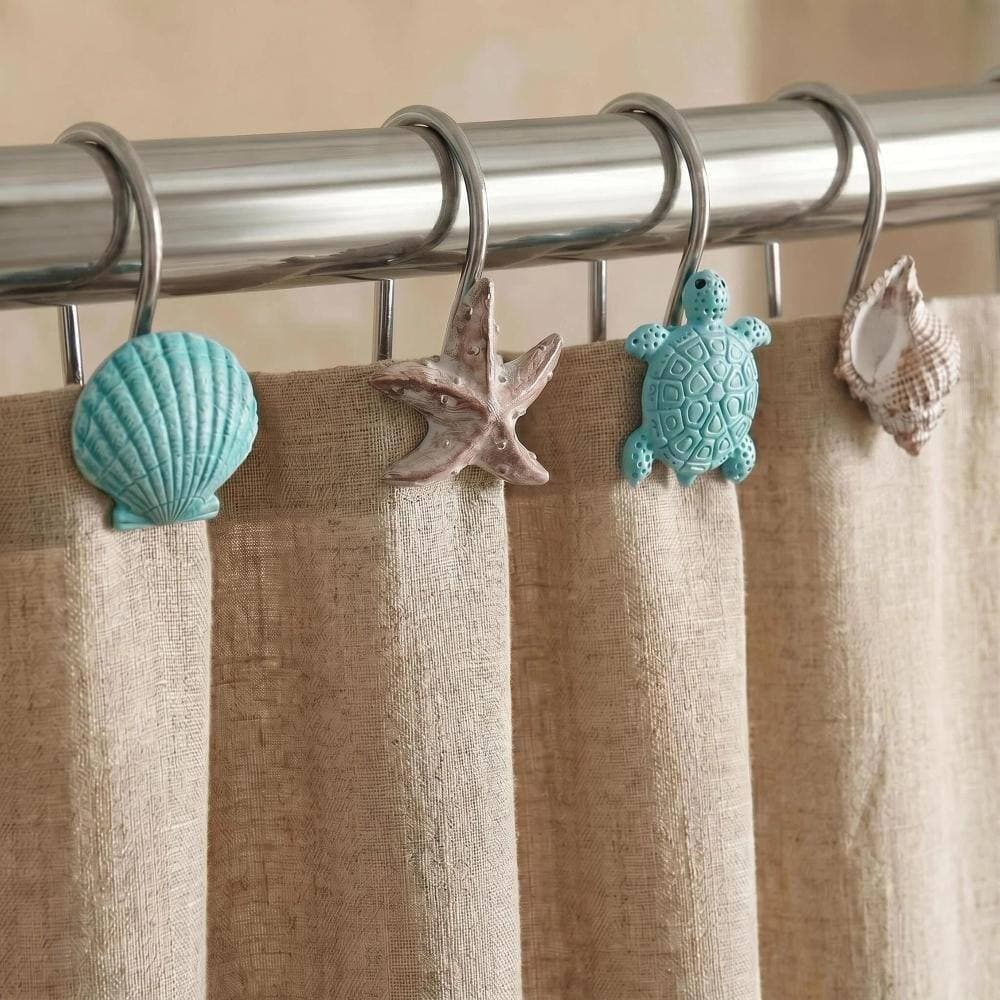 Unbranded Nautical Ocean Shower Curtain Hooks Set 12 Pcs Stainless Rings with Seashell Turtle Starfish Conch Decor (2)