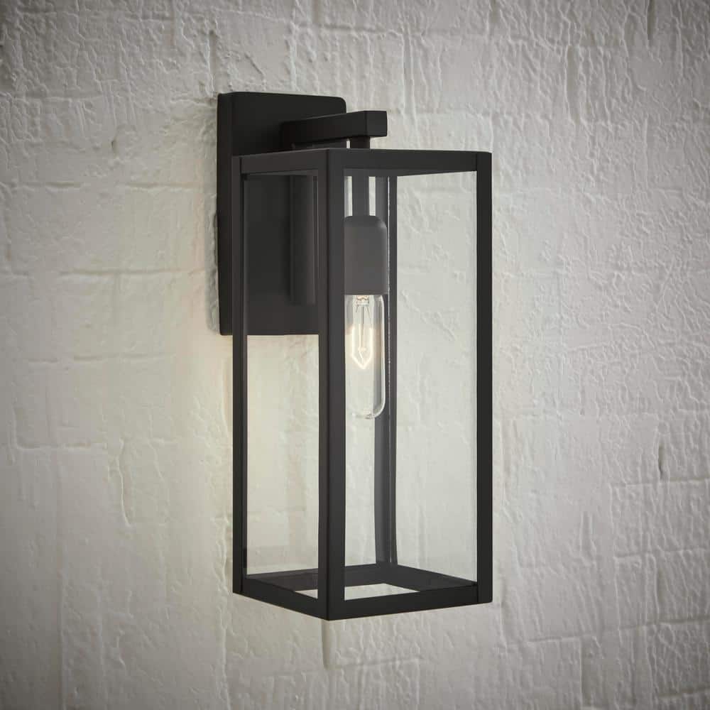 Hampton Bay Hurley 16 in. 1-Light Modern Black Hardwired Outdoor Wall Light Lantern Sconce with Clear Glass Shade (2)