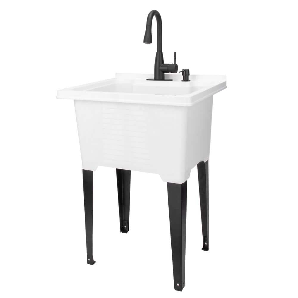 TEHILA 25 in. x 21.5 in. ABS Plastic Freestanding Utility Sink in White - Matte Black Pull-Down Faucet, Soap Dispenser