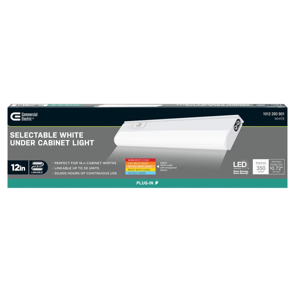 Commercial Electric 12 in. Plug-In White Integrated LED Linkable 2-Brightness Level Under Cabinet Light Task/Kitchen 5 Selectable White CCT (4)