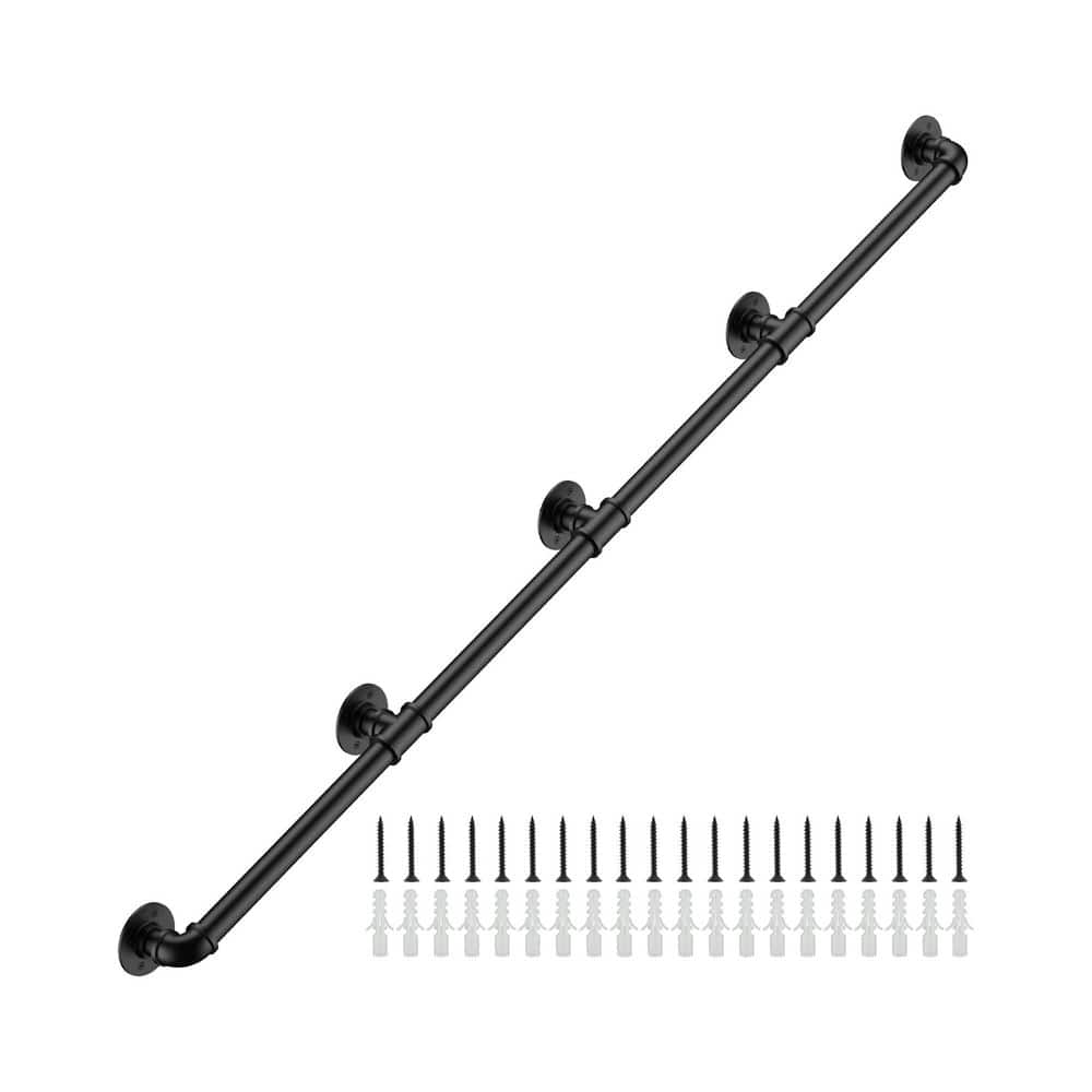 Unbranded 13 ft. Industrial Pipe Stair Railing Wall Mount Handrail Black Metal Grab Bar for Indoor Outdoor Steps Stairs (1)
