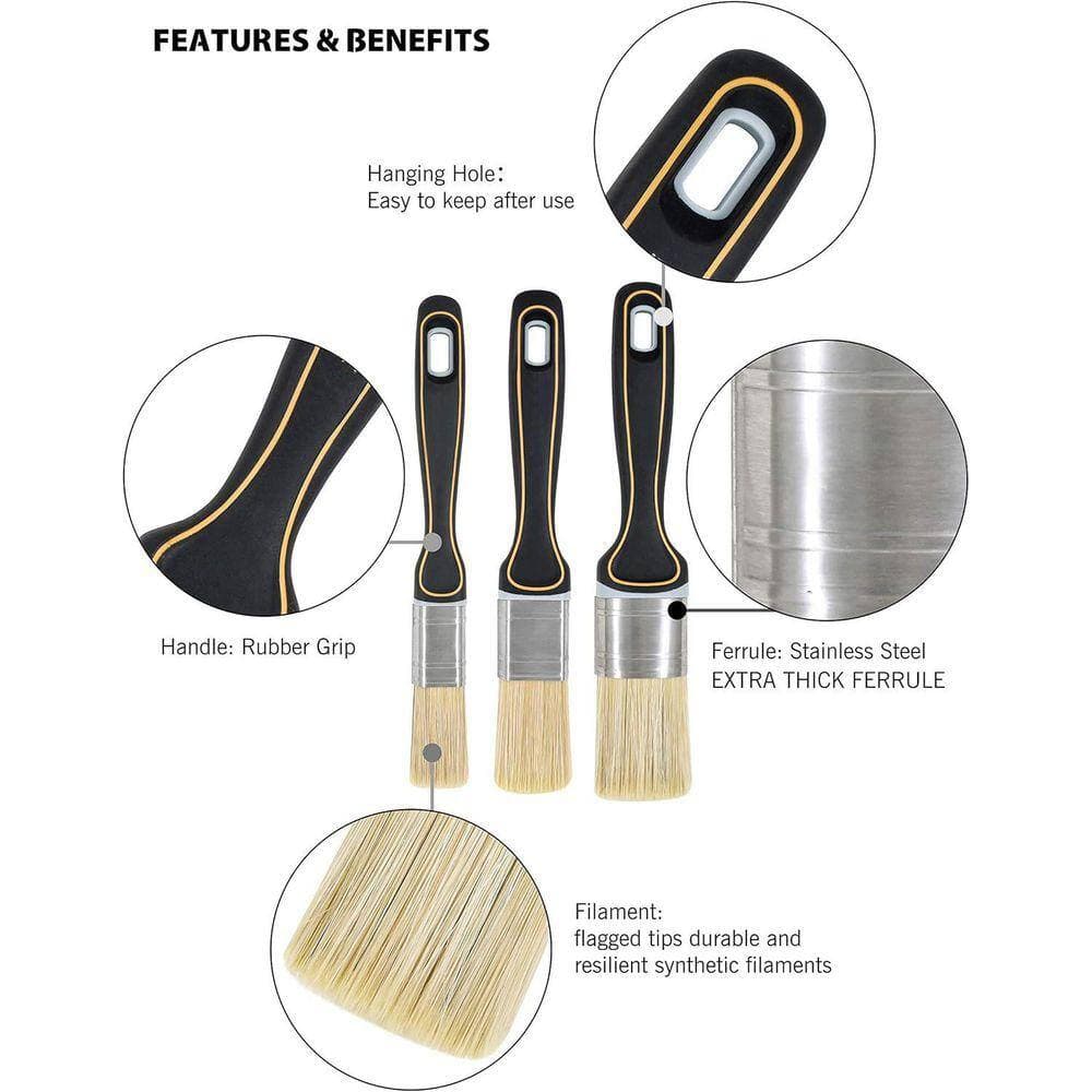 KIWDZFU 3PC Wax Chalk Paint Brush Set for Furniture Painting with Synthetic Filament and Ergonomic Rubber Handle (2)