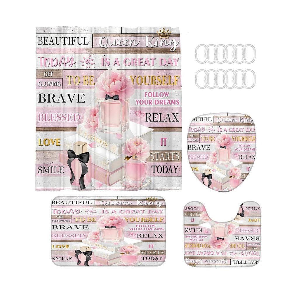 Unbranded 71 in. W x 71 in. L Polyester Shower Curtain Pink Floral Girly Bathroom Set with Rugs Inspirational Quotes (1)