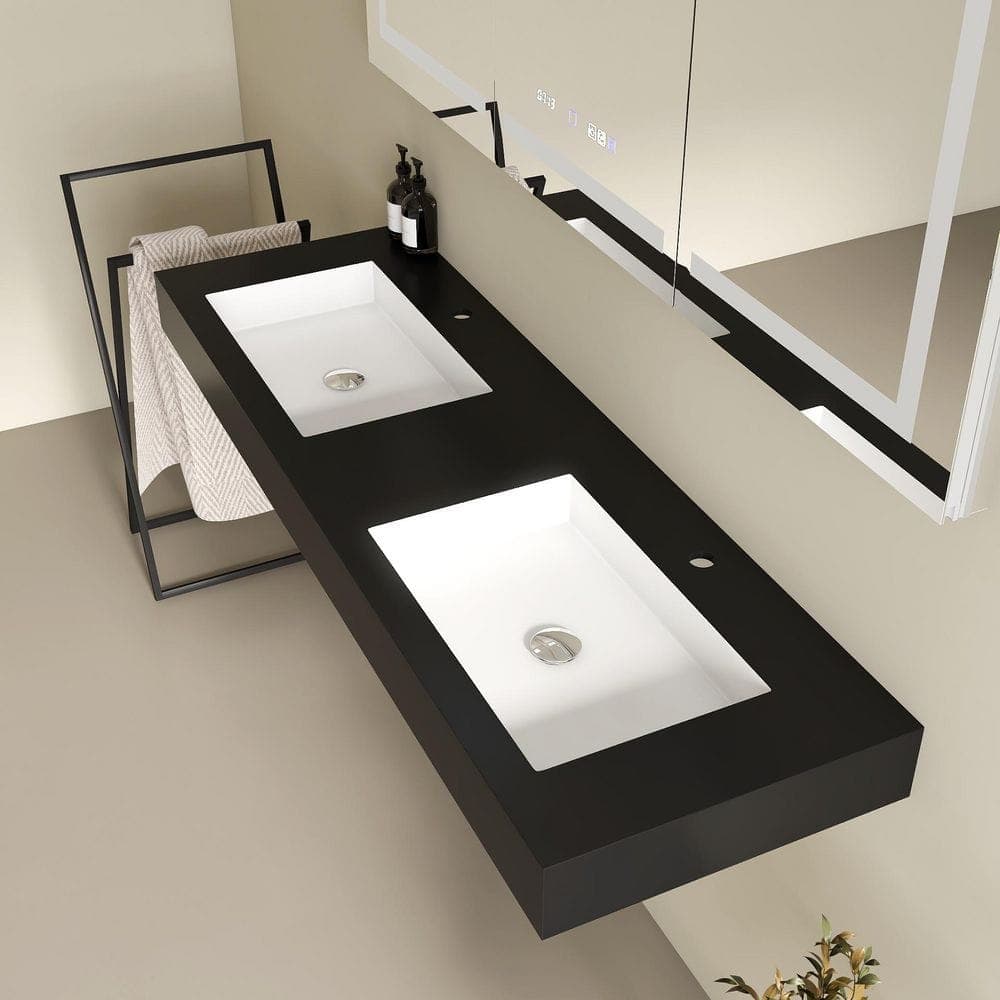 HOPROME Vetra 59 x 19 in. Solid Surface Wall Mount or Countertop Bathroom Double Vessel Sink with Faucet Holes in Black (2)