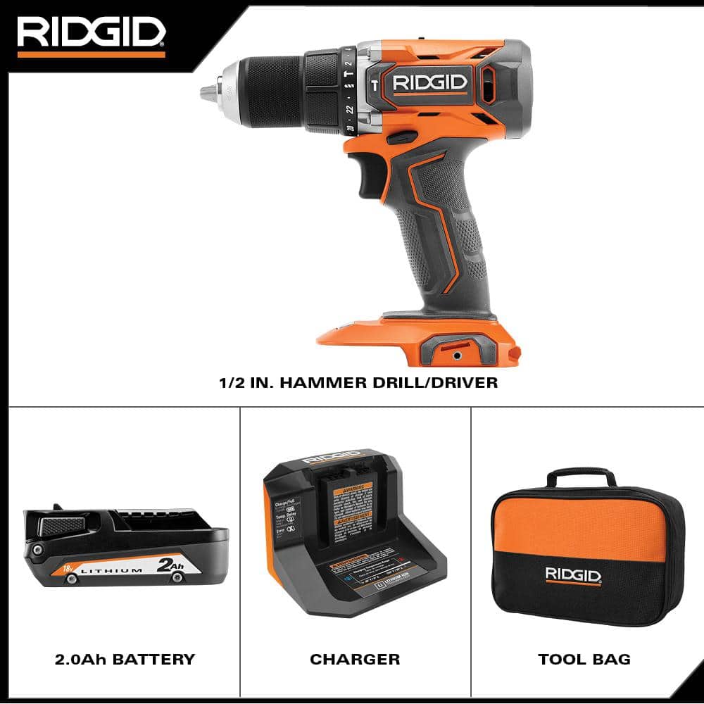 RIDGID 18V Cordless 1/2 in. Hammer Drill/Driver Kit with 2.0 Ah Battery and Charger (2)