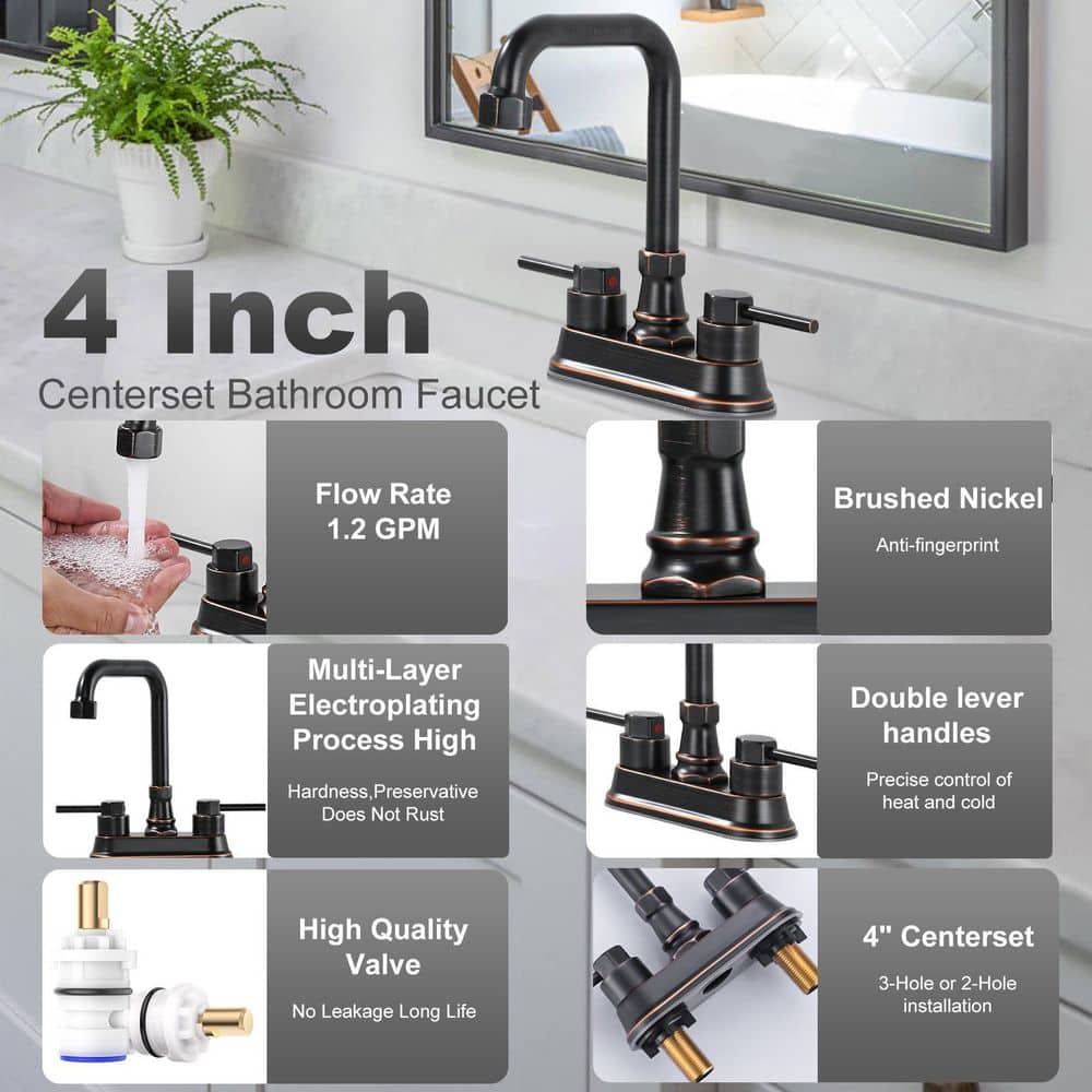 IVIGA 4 in. Centerset Double Handle High Arc Bathroom Faucet with Pop Up Drain and 24 in. Supply Lines in Oil Rubbed Bronze (3)