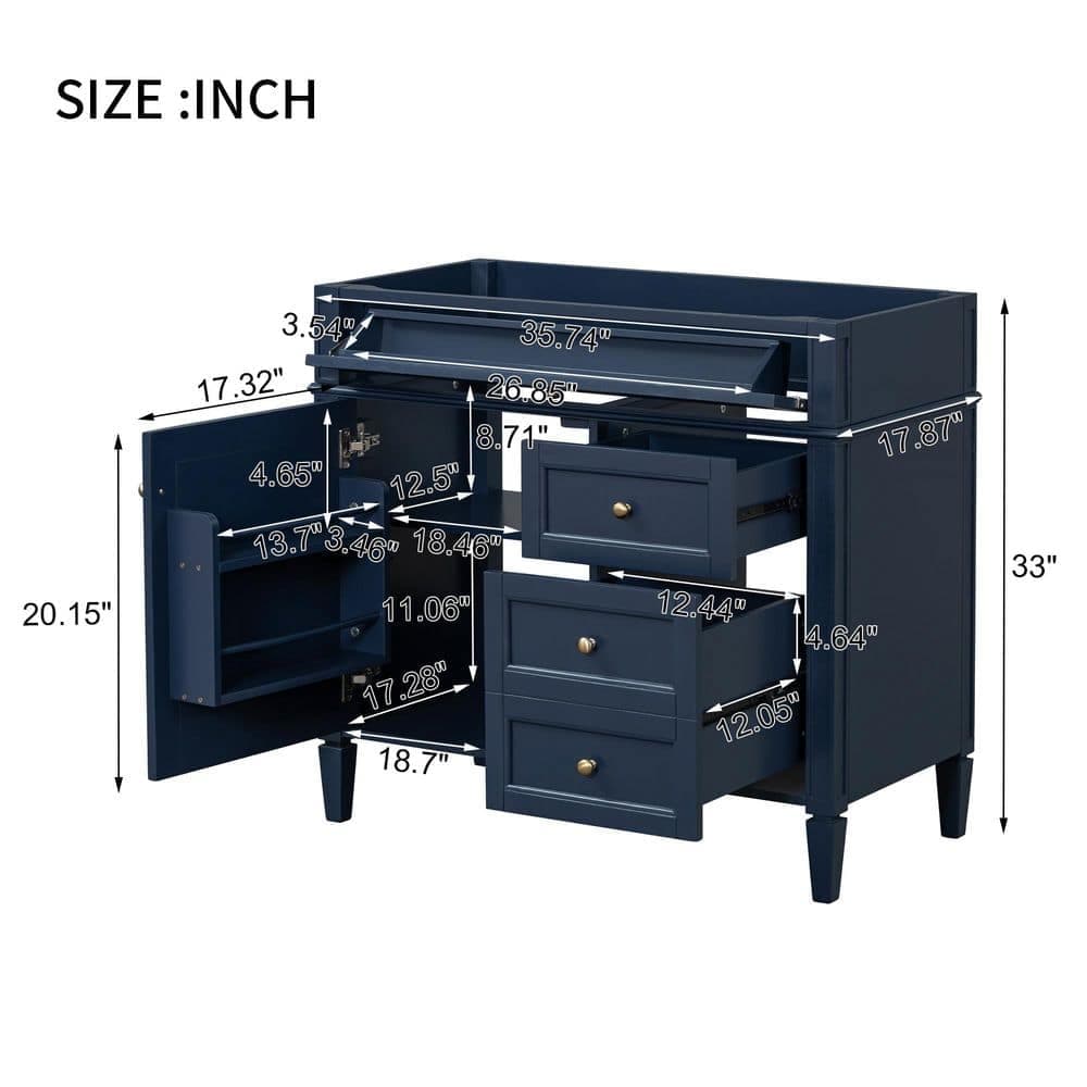 Buruis 35.7 in. Bath Vanity Cabinet without Top in Blue with 2 Drawers and a Tip-out Drawer, Basin Not Included (2)