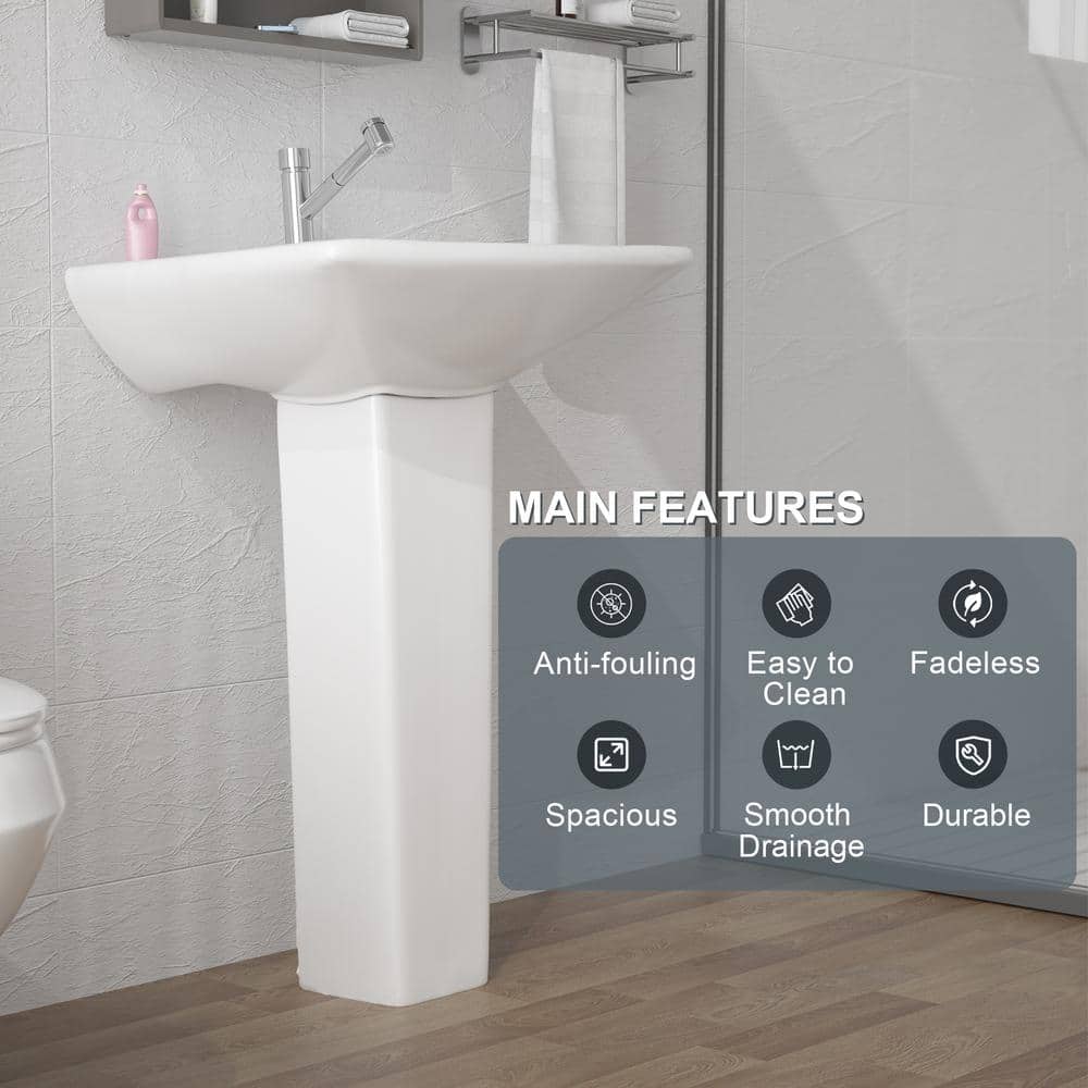 HOMLYLINK Pedestal Sink White Vitreous China Rectangular Pedestal Bathroom Vessel Sink with Overflow 1 Faucet Hole Combo Sink (2)