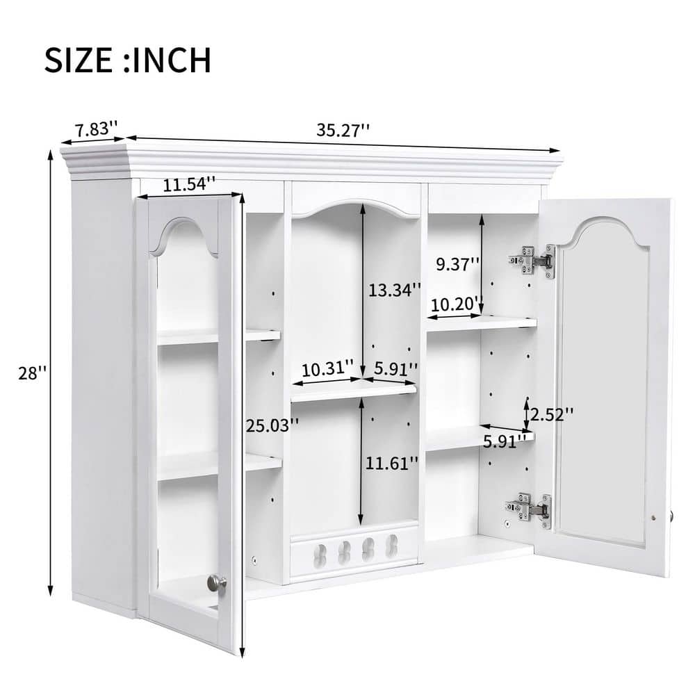 Tahanbath Classic 7.83 in. W x 35.27 in. D x 28 in. H Bathroom Storage Wall Cabinet in White with 2 Glass Doors (3)
