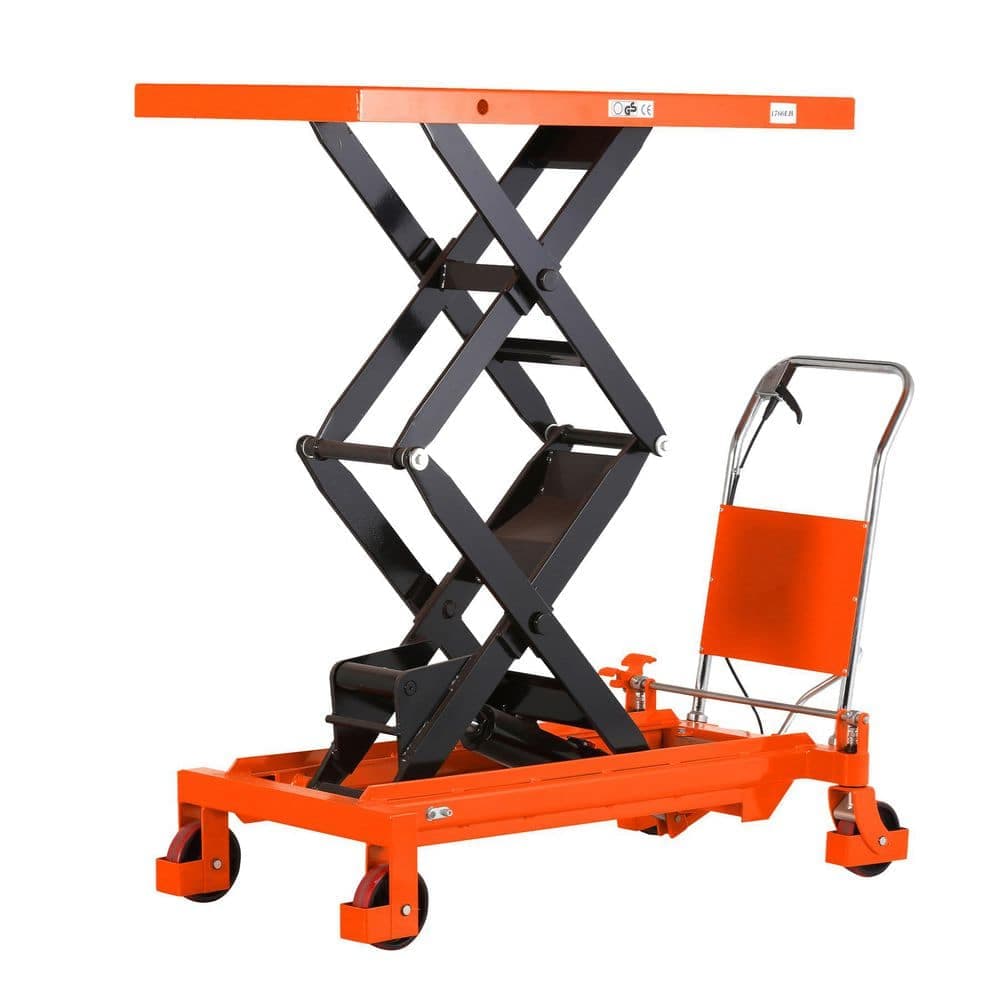TORY CARRIER Double Scissor Lift Table Cart 1760 lbs. 59 in. Lifting Height Manual Lift Table Cart w/ 48 in. x 24 in. Platform Orange