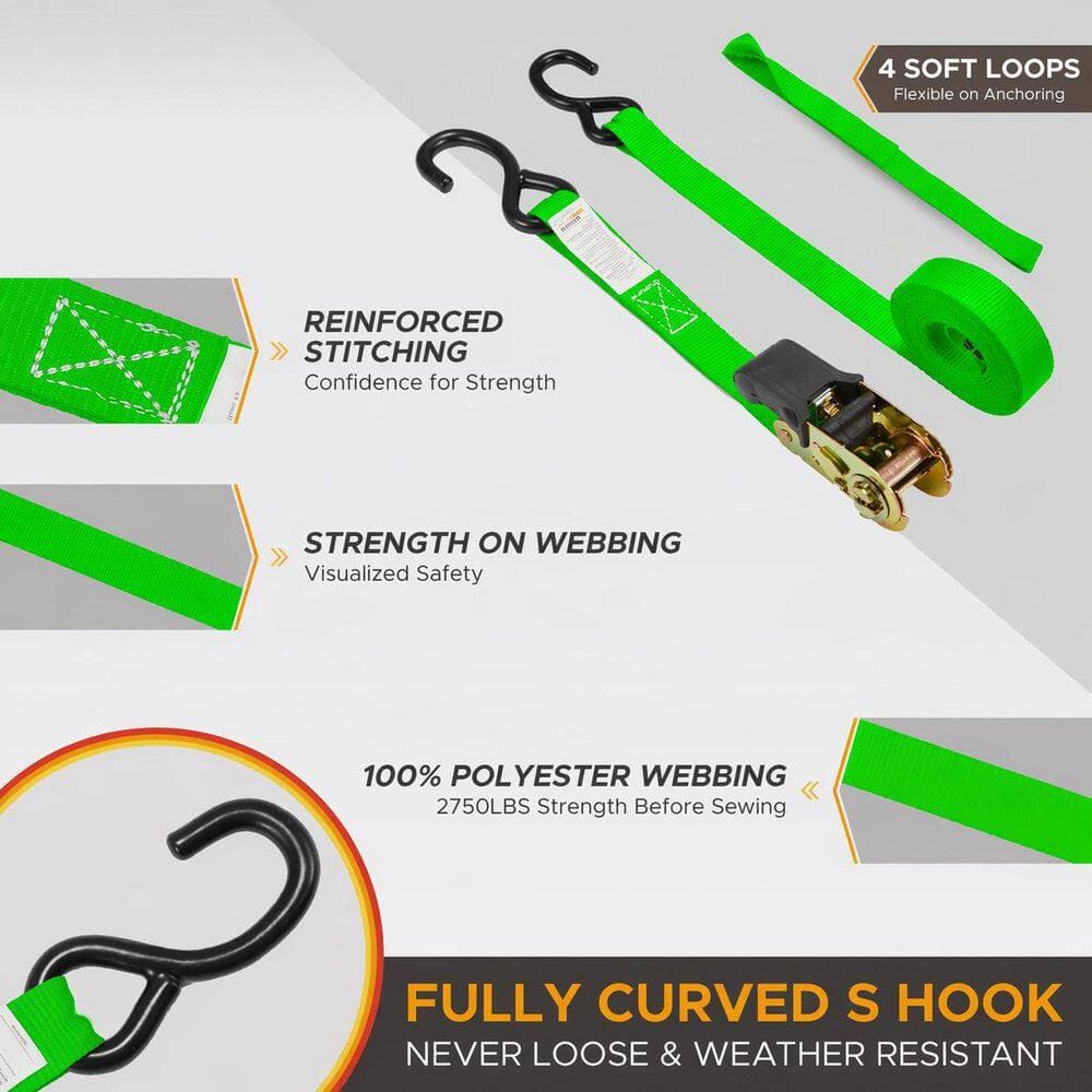 LAIFUCAM 17 ft x 1 in Ratchet Tie Down Straps Heavy Duty S-Hook Weather Resistant Cargo Securement 4 Pack Green (2)