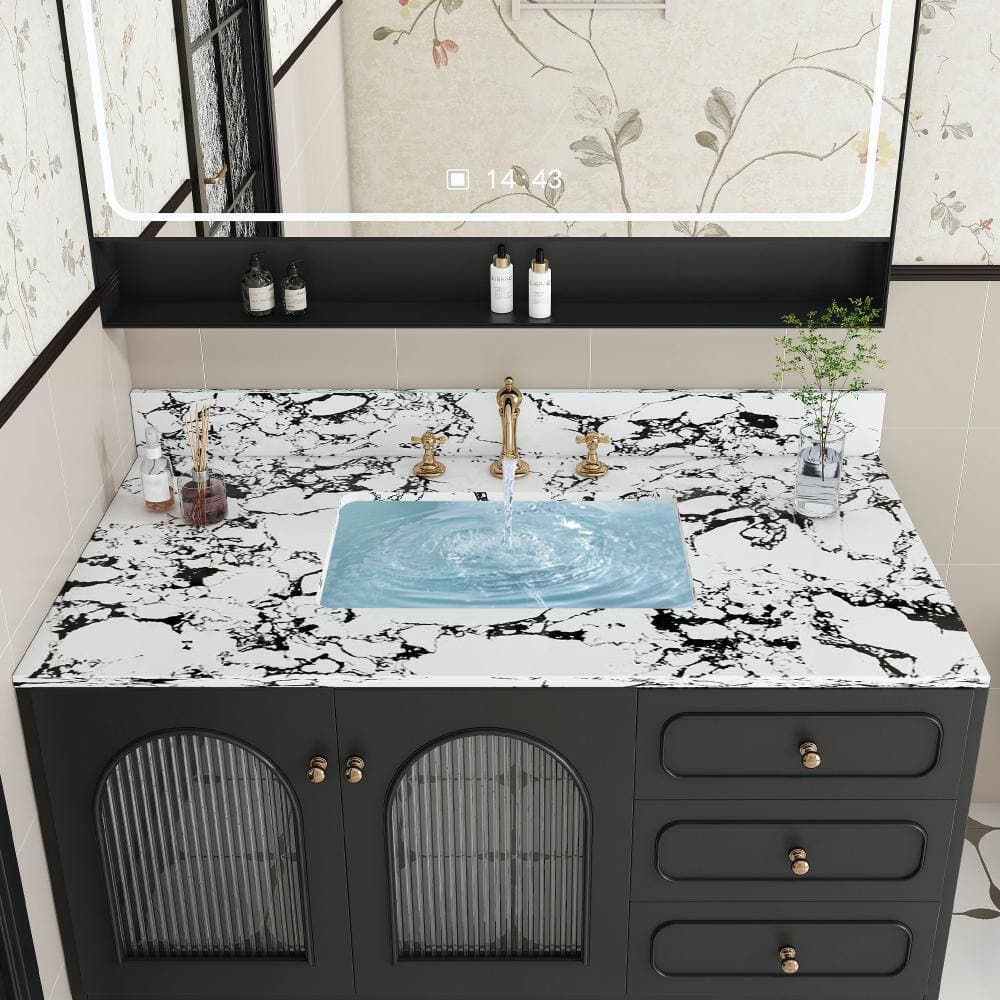JimsMaison 43 in. x 22 in. White Undermount Ceramic Bathroom Sink with Sintered Stone Top and Backsplash (2)