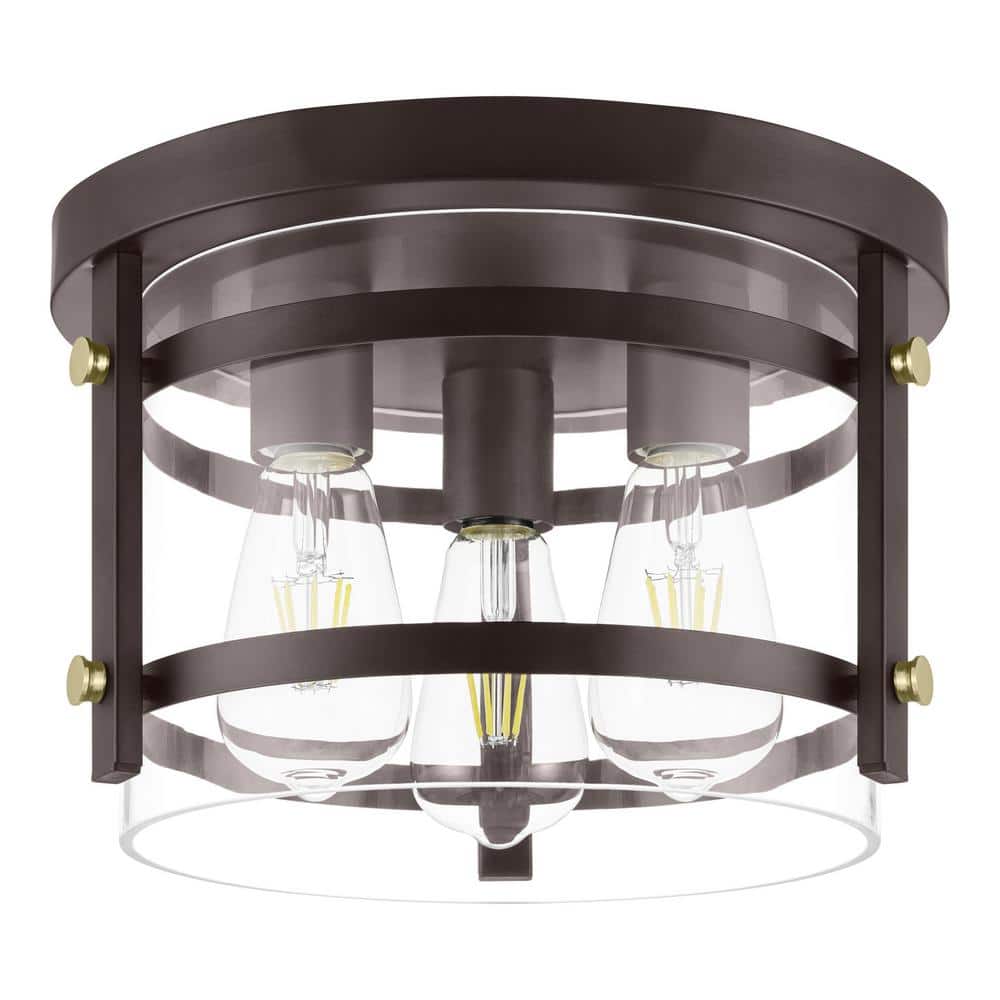 Hampton Bay Huxley 11.9 in. 3-Light Dark Bronze Flush Mount Ceiling Light with Clear Glass Shade (3)